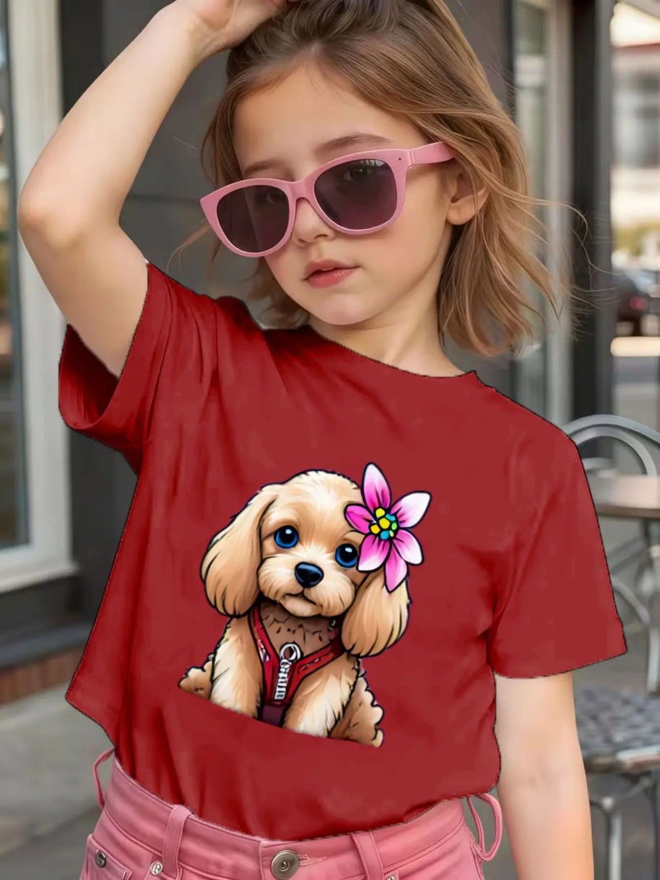 Flower Teddy Puppy Cartoon Print Kids T Shirt Boys Girls Family Match Cotton Short Sleeve Summer Children Casual Basic Wear