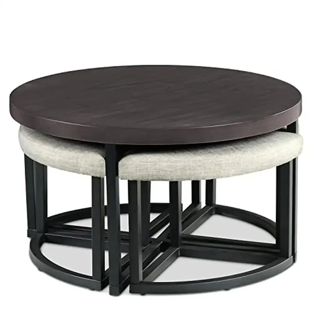 Yukon Coffee Table Set with Stools Iron Base Mindi Veneers Engineered Hardwoods Upholstered Seating Living Kids Room Round Shape