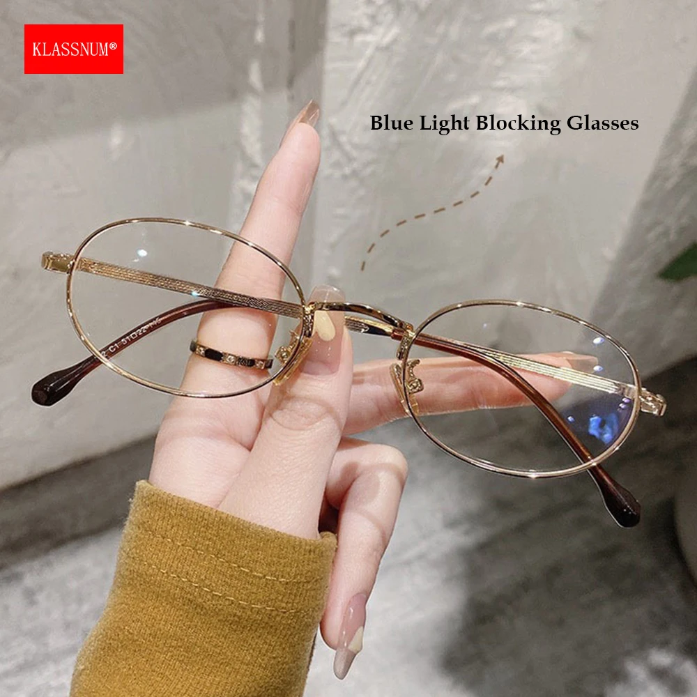 KLASSNUM Vintage Oval Metal Frame Anti Blue Light Glasses Men  Elegant Eyepiece Transparent Blue Light Blocking Computer Glasses