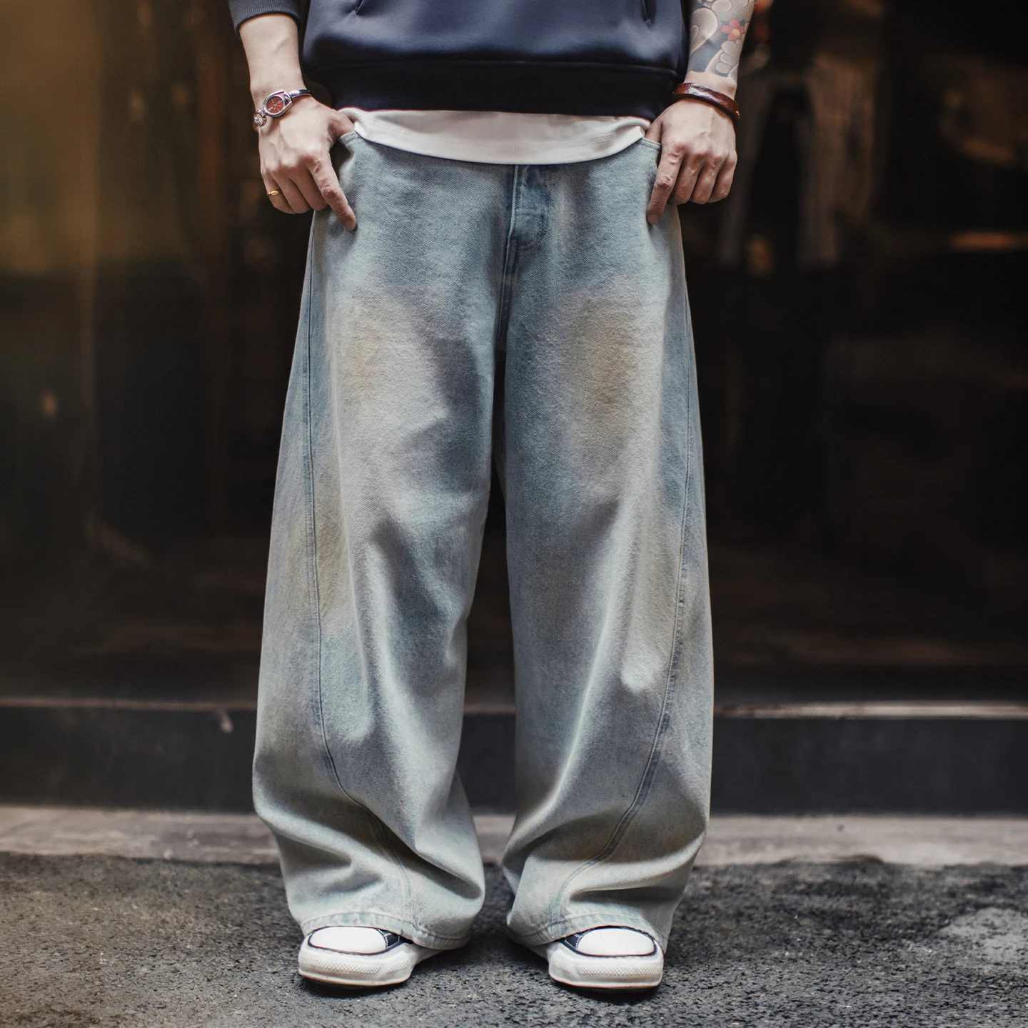MADEN Barrel Leg Jeans Men Vintage Washed Distressed Denim Relaxed Wide Leg Baggy Y2K Streetwear High Street Loose Casual Autumn