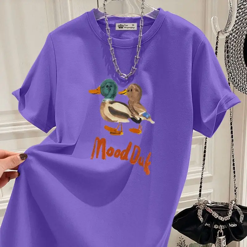 夏の漫画アヒル Tシャツ純粋な綿カジュアル基本ヴィンテージトップス女性服 O ネック半袖ファッションプリントプルオーバー