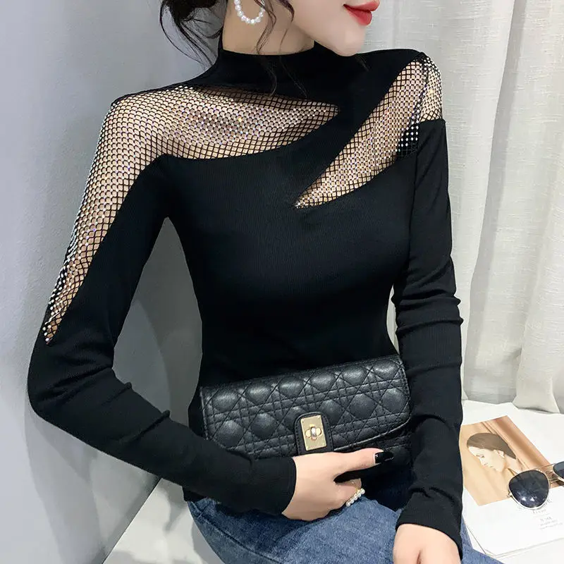 Autumn and Winter New Collection with Thick Velvet and Fashionable Design Sense Diamond Half High Neck and Velvet Base Sweater