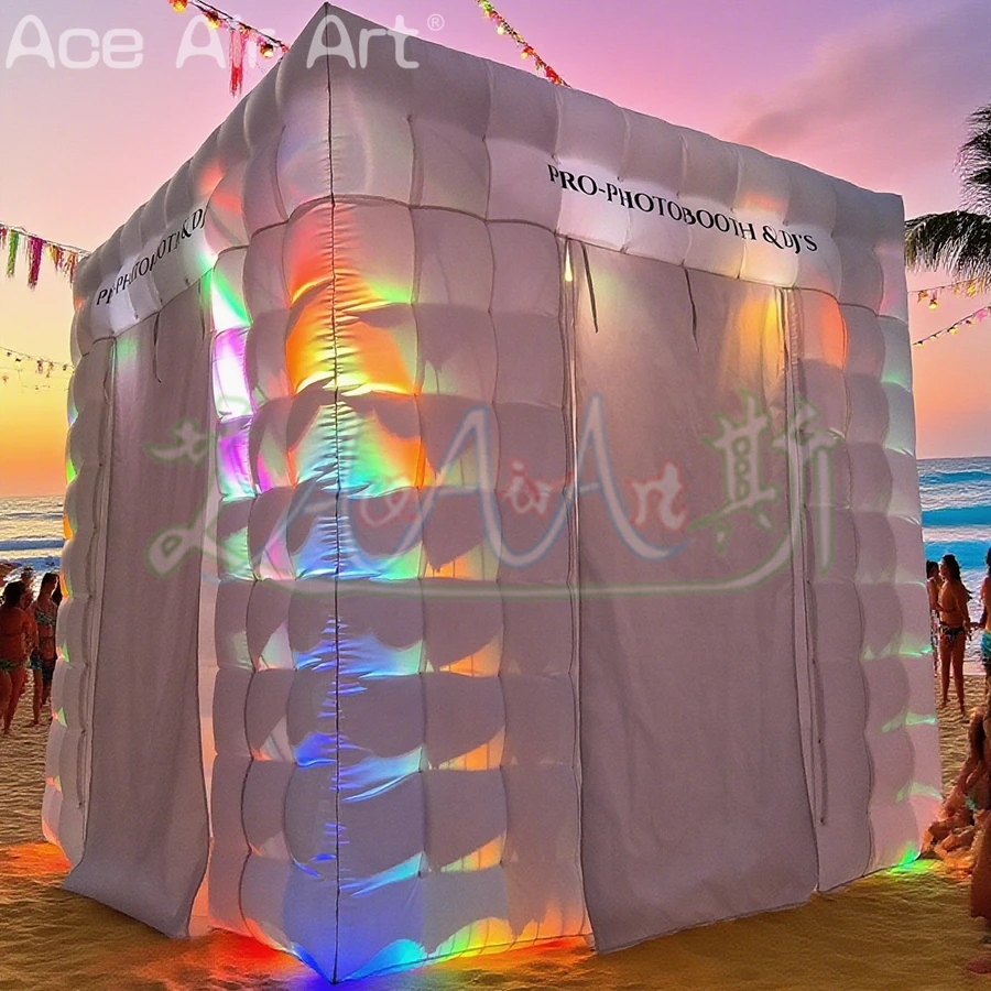 

2.4m LED Inflatable Photo Booth Cube Selfie Station with Built-in Fan Double Doors Cubic Backdrop for Parties