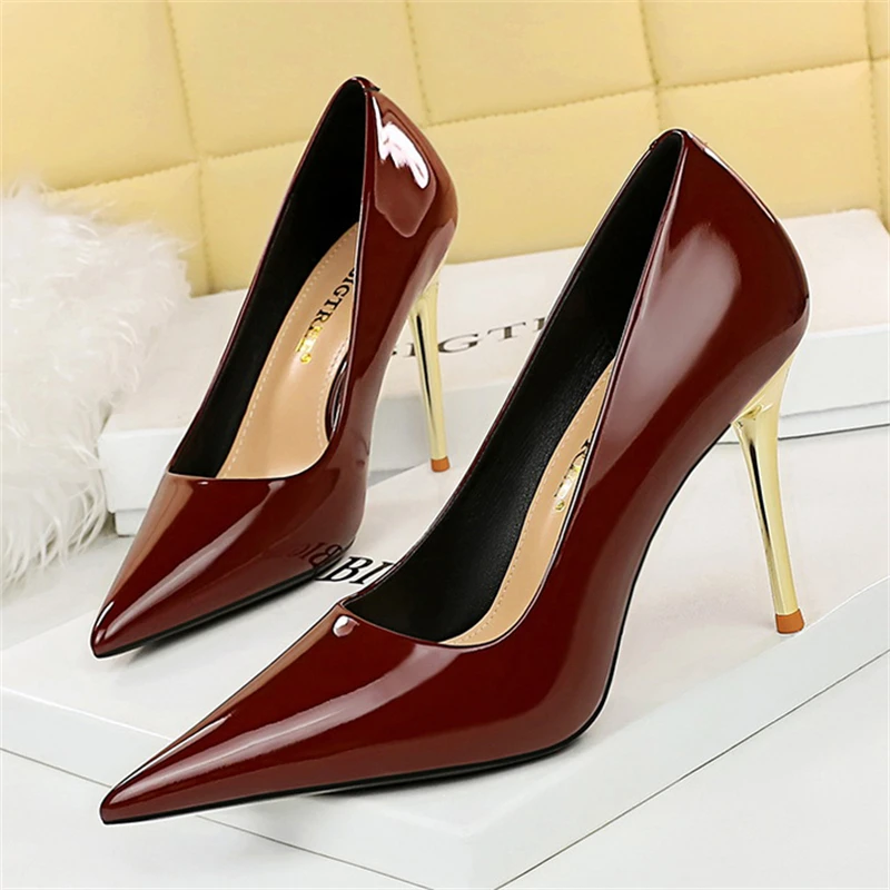 BIGTREE Quality Woman Pumps Patent Leather High Heels Sexy Party Metal Stilettos Luxury High-heeled Shoes Size 43