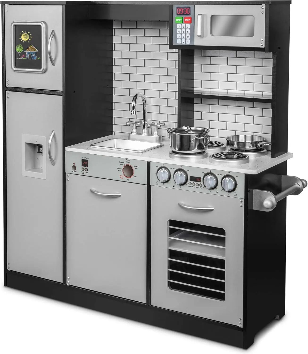 مجموعة مطبخ خشبية للأطفال ، تعمل بالبطارية ، صانع الجليد ، الميكروويف مع صوت واقعي ، الأواني والمقلاة ، لعب المطبخ