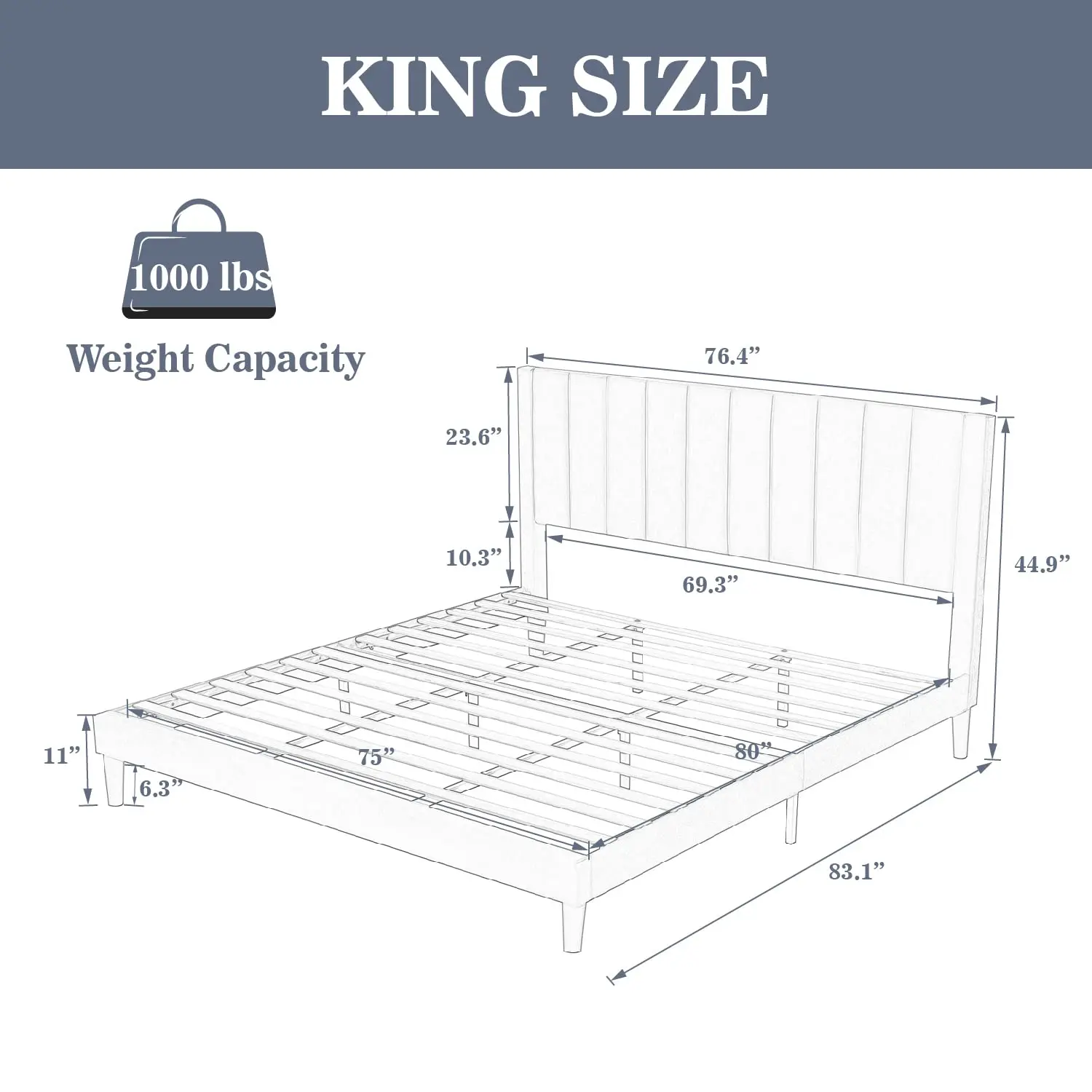 Velvet Upholstered King Bed Frame with Vertical Tufted Headboard & Wooden Slats, No Box Spring Needed, Easy Assembly, Customized