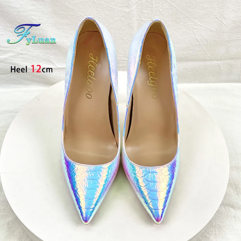 Women Pumps Hologram Laser Pointed Banquet Shoes For Ladies 8CM 10CM 12CM Fashion Snake Print Color-Changing Stiletto High Heels
