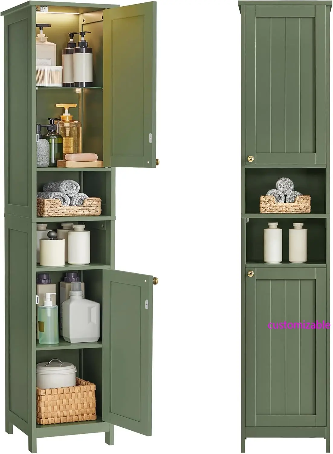 Tall Bathroom Cabinet with Lights, Slim Freestanding Bathroom Storage Cabinet with Adjustable Shelves, Forest Green UBBC766C01