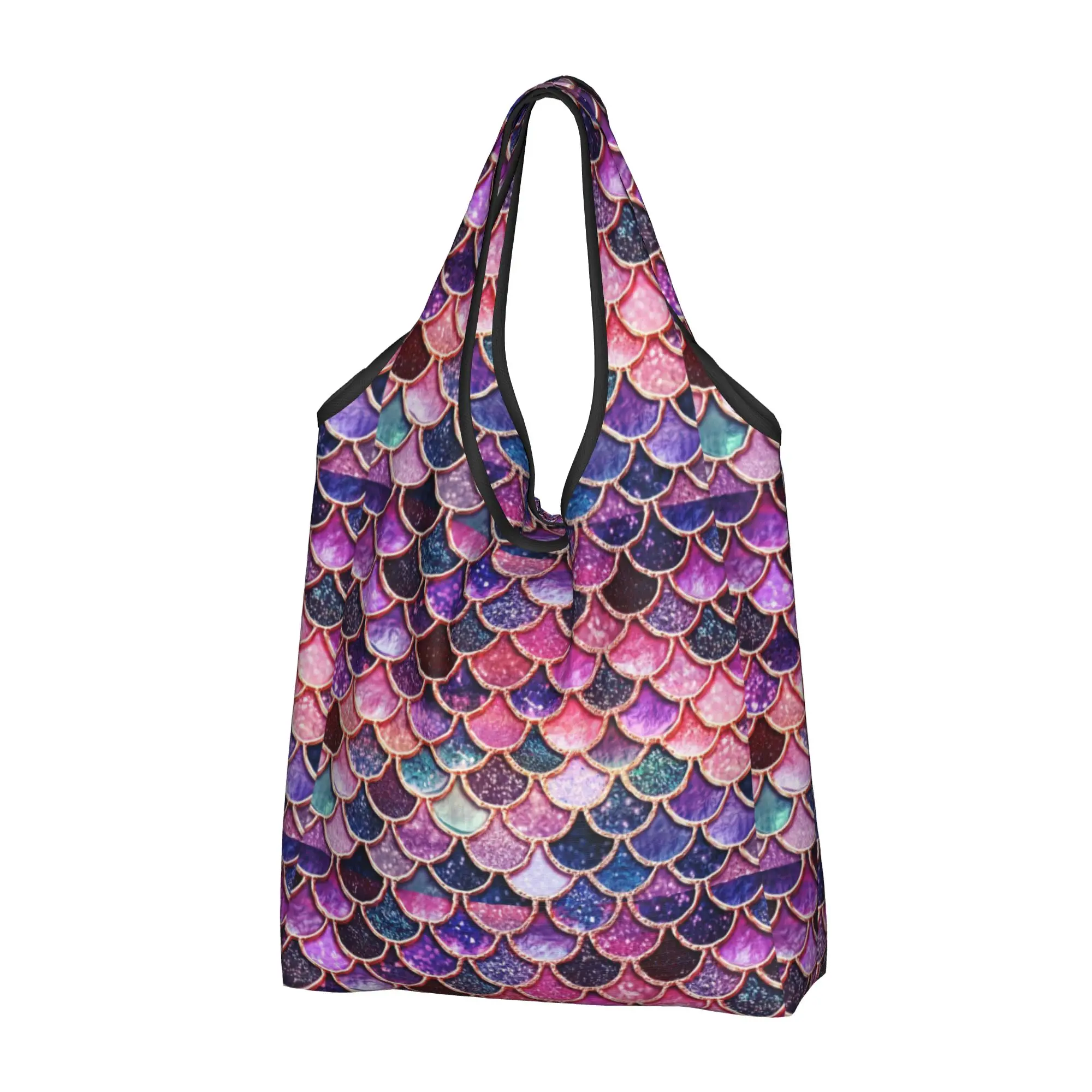 Pink Sparkle Faux Glitter Mermaid Scales Grocery Shopping Bag Funny Shopper Tote Shoulder Bag Large Capacity Portable  Handbag