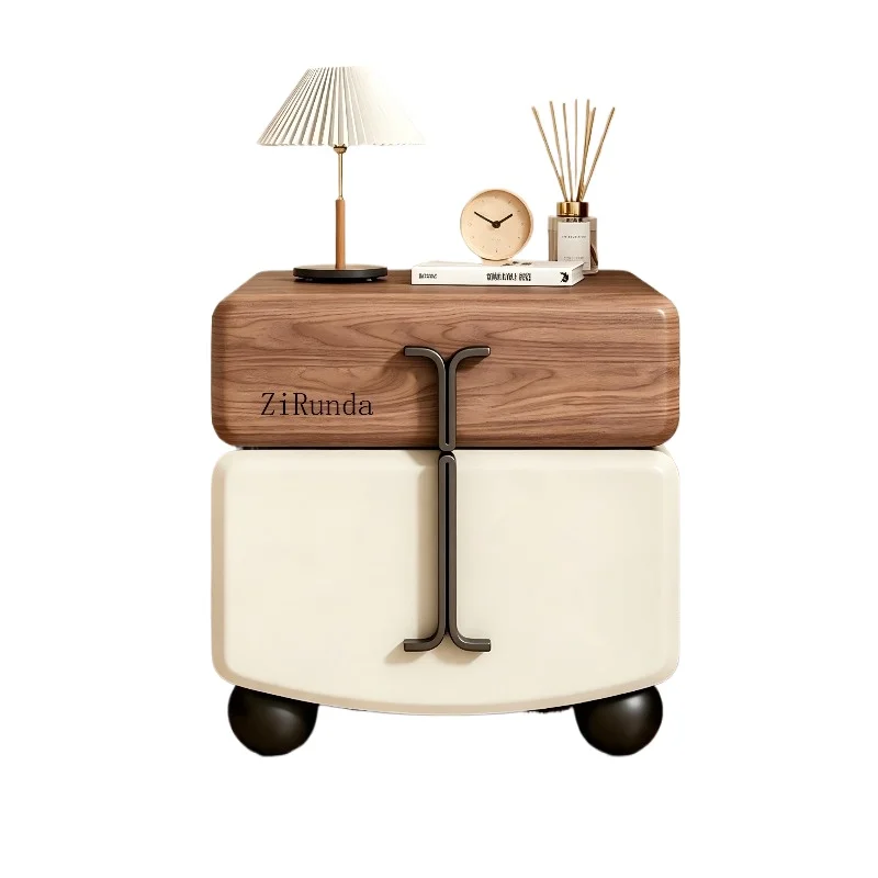Rotating solid wood bedside table, two-color metal handle, bedside table, modern silent rotating furniture