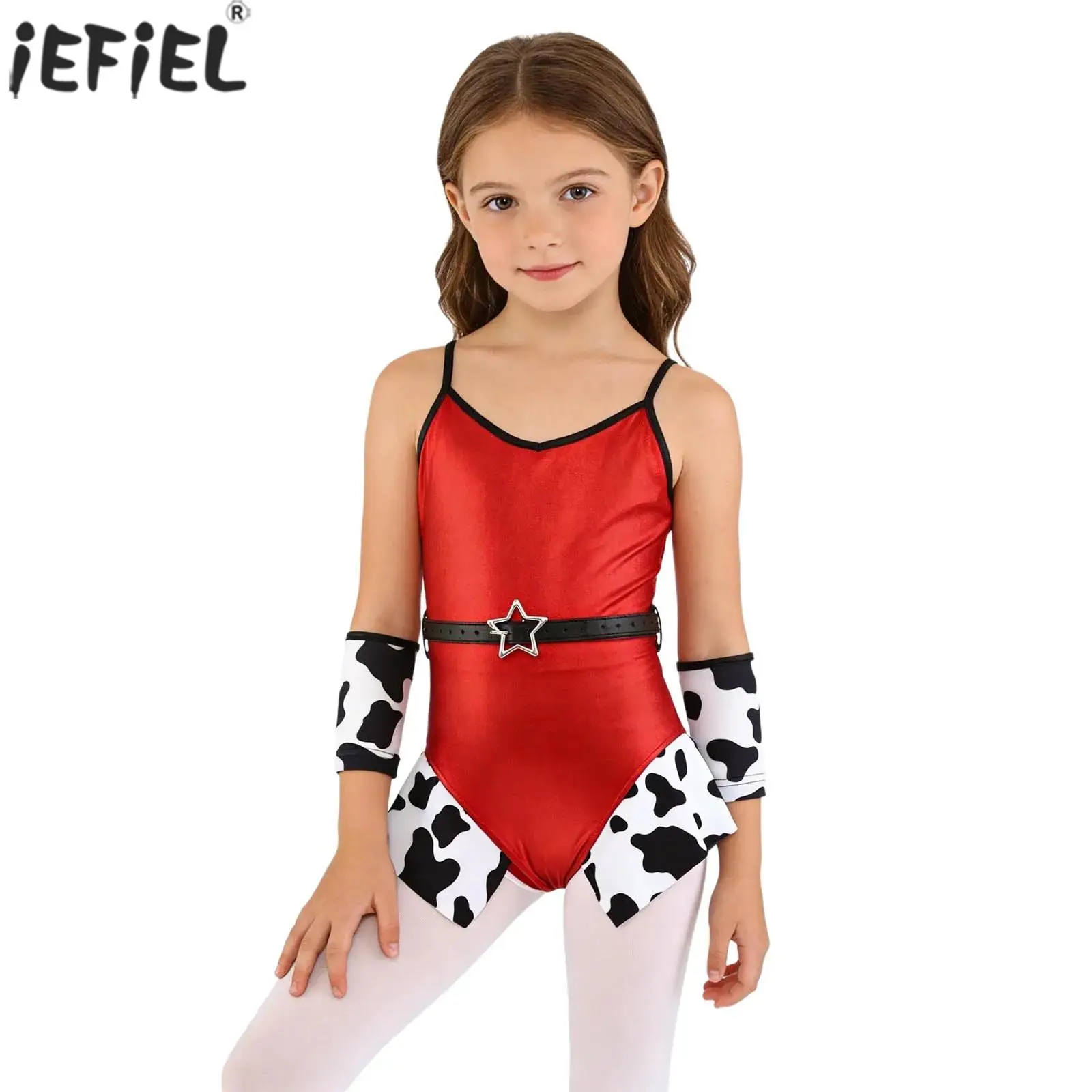 Kids Girls Western Cowgirl Costume Spaghetti Strap Metallic Cow Print Bodysuit with Arm Sleeves Theme Party Role Play Dress Up