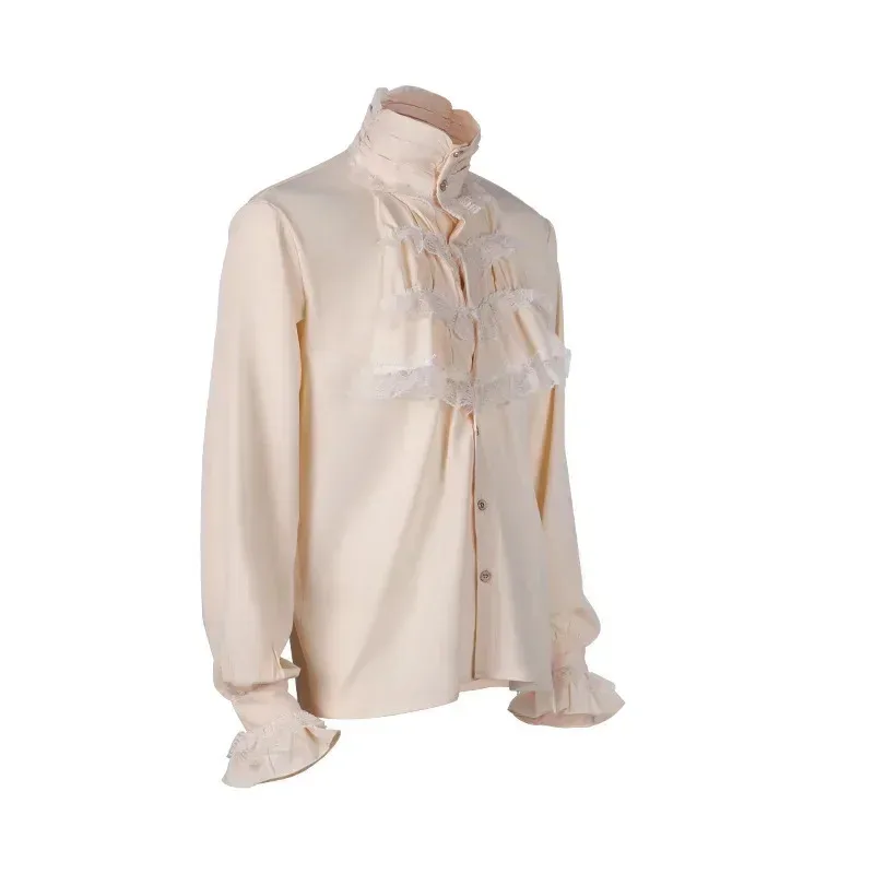 قمصان وبلوزات من عصر النهضة الفيكتورية لمصاصي الدماء للرجال بلون أسود وأبيض على الطراز القوطي مكشكشة وياقة ثابتة بلوزة من القرون الوسطى شير