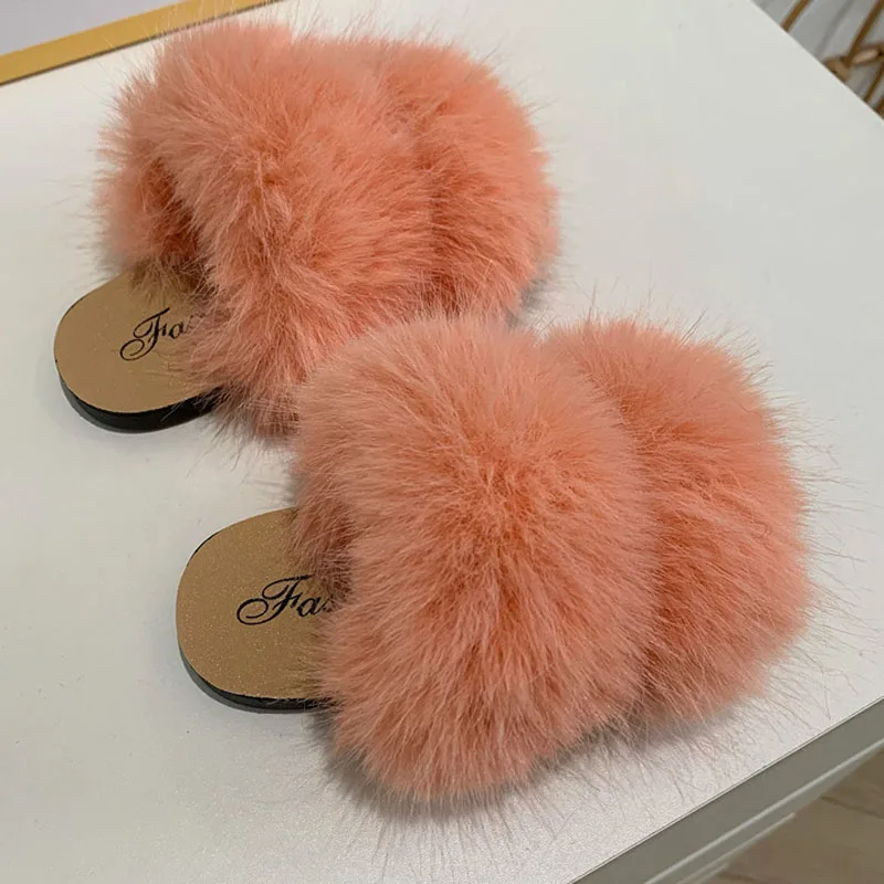 Children Home Flat Slides Furry Faux Fur Slippers Summer Soft Sole Kids Slippers for Girls Shoes Outside Flip Flops CSH1420