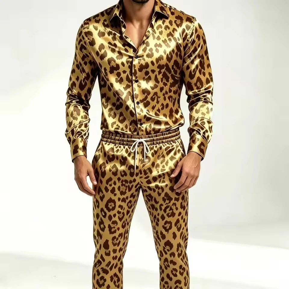 2026 New Men's Long Sleeved Two-Piece Leopard Print Silk Satin Shirt with Buttons, Elastic Pants, Casual Party Street Set
