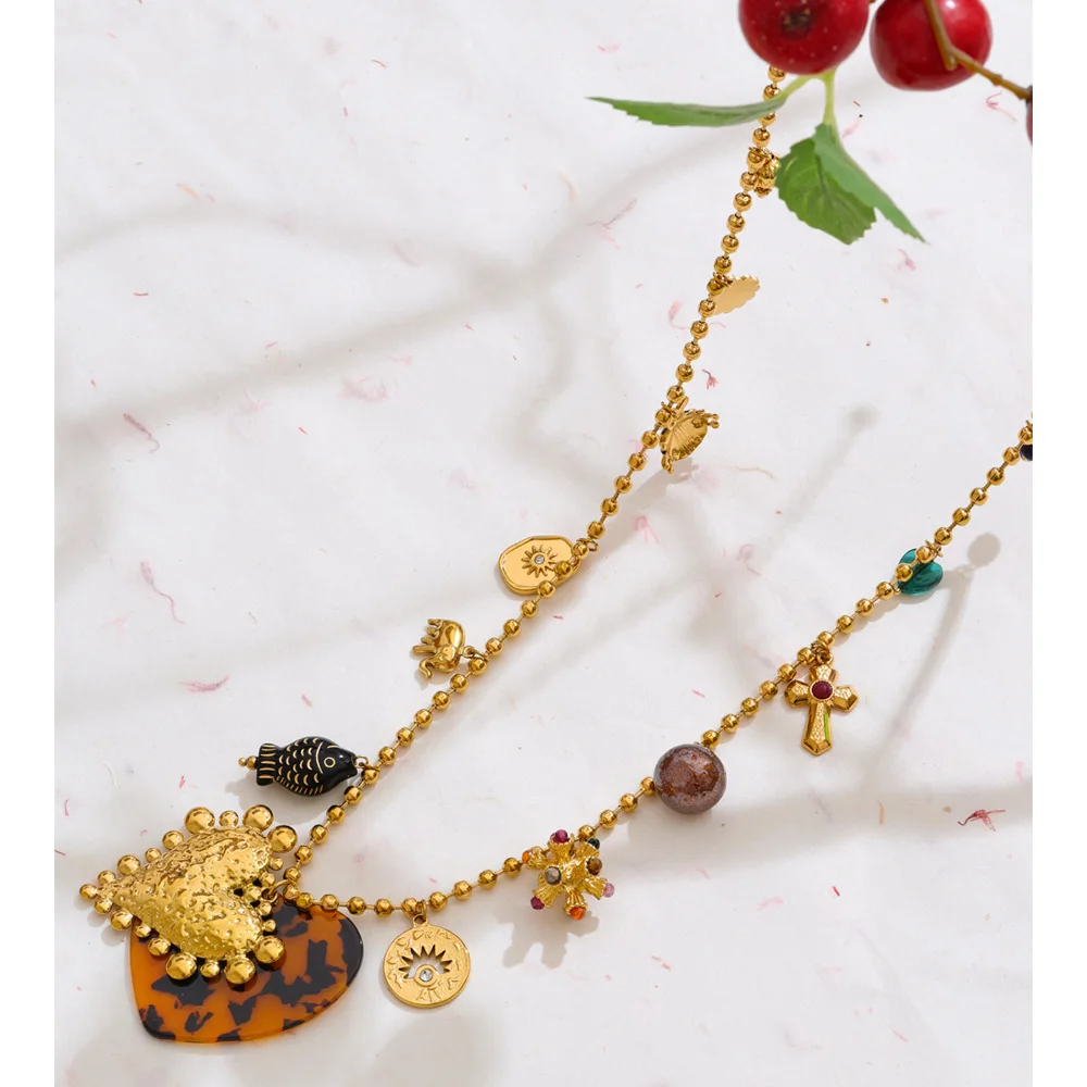 Yhpup 83+6cm Autumn Winter Sweater Chain Jewelry for Women Stainless Steel Acrylic Heart Flower Fish Charming Necklace Pendant