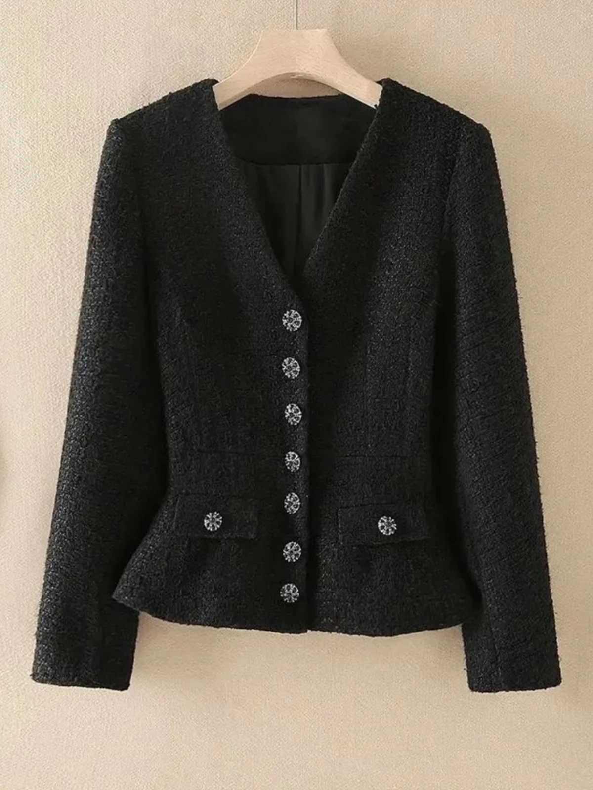

Classic High-End Woolen Coat Vintage Style Short Length Waist-Cinching Long Sleeve V-Neck Spring Autumn Fashion Top