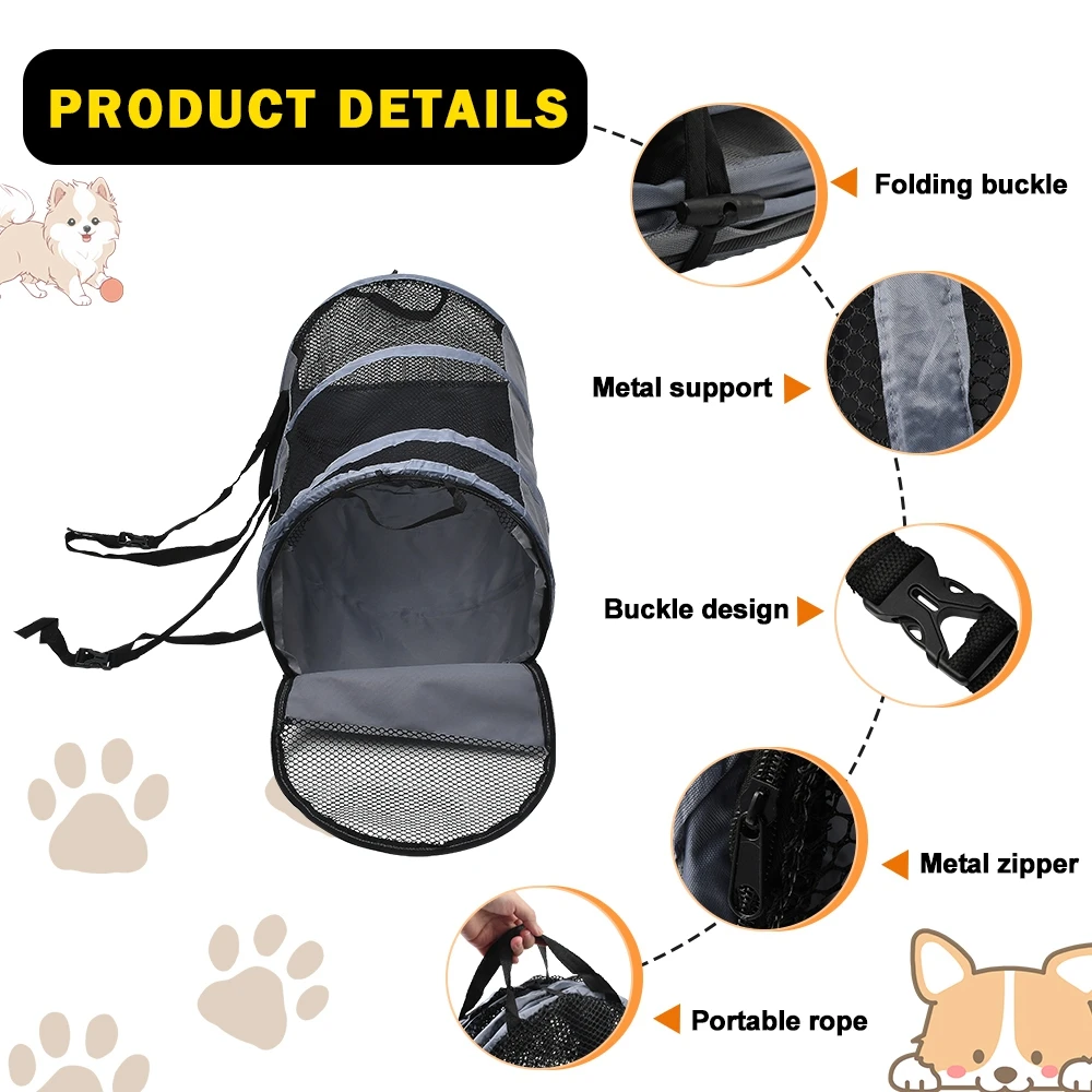 Car Back Seat Safety Pet Carrier, Foldable Cylindrical Cage for Cats and Puppy Dogs Breathable Mesh Auto Transport Barrier