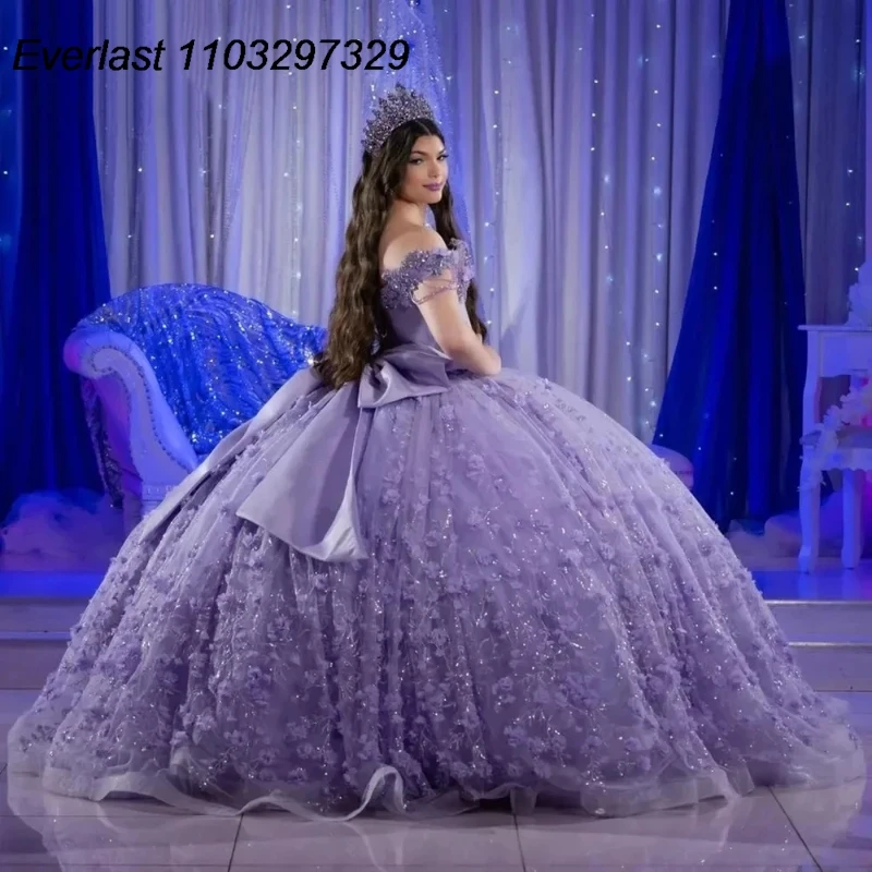 Блестящее сиреневое бальное платье EVLAST, платье для Quinceanera, 3D Цветочная аппликация, бисер, с накидкой, корсет, милое платье на 15 лет TQD363