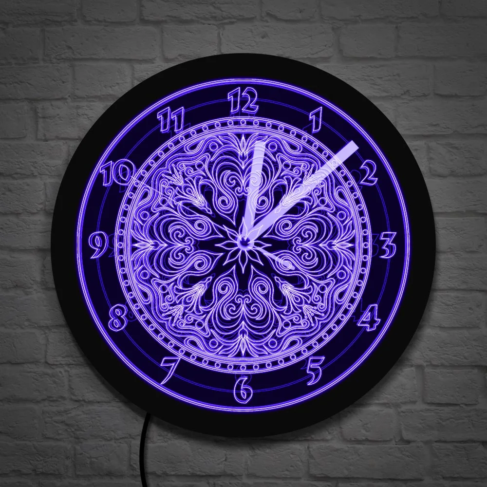 

Abstract Mandala LED Wall Clock Ritual Symbol Floral Wall Art Modern Silent Wall Watch LED Lighting Decor Mandala Neon Wall Sign