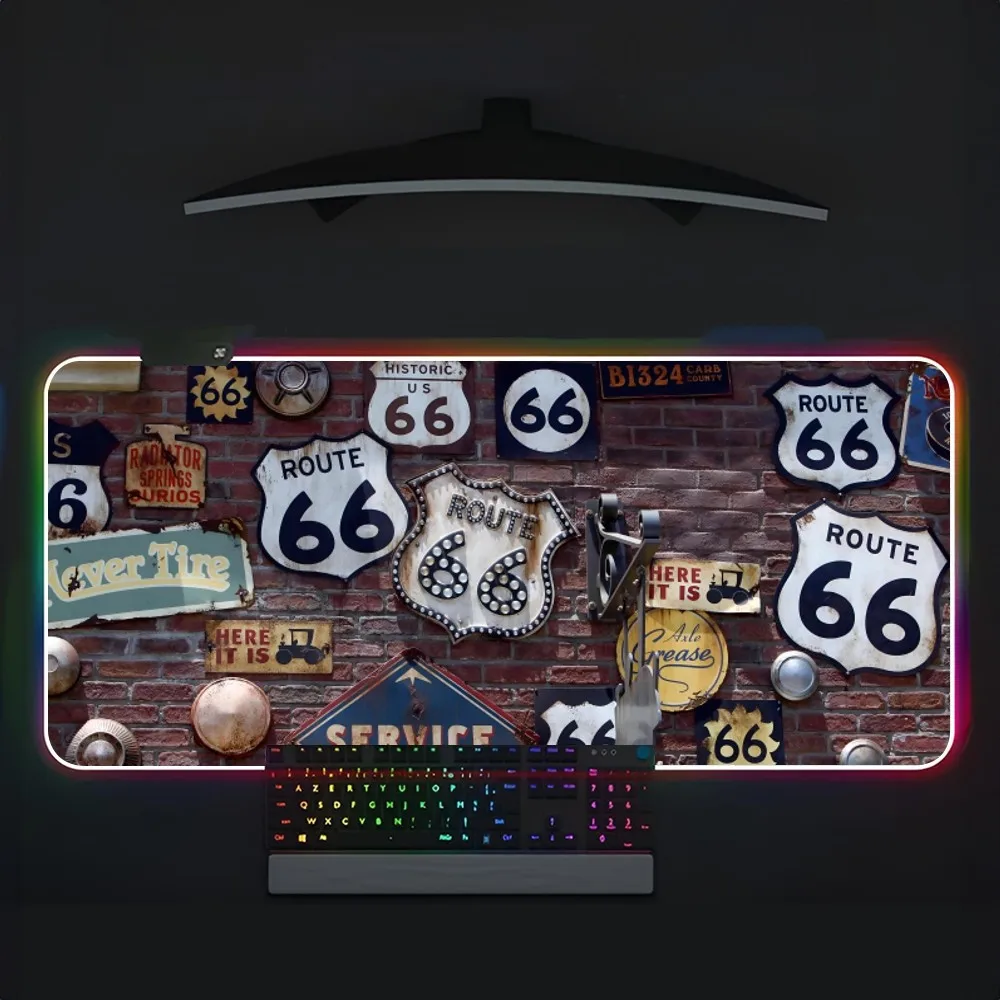 Route 66 Mouse Pad RGB Large Gaming Computer Keyboard LED Mousepad Office Desks And Laptop Accessories Non Slip HD