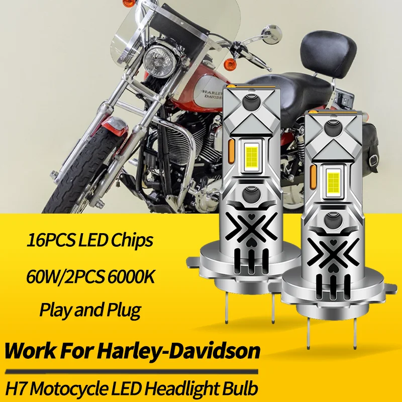 2PCS H7 LED Headlight Bulbs High Low Beams Canbus For Harley-Davidson Dyna FXDL 2002 2003 2004-2017 With Fan Wireless Mini Size