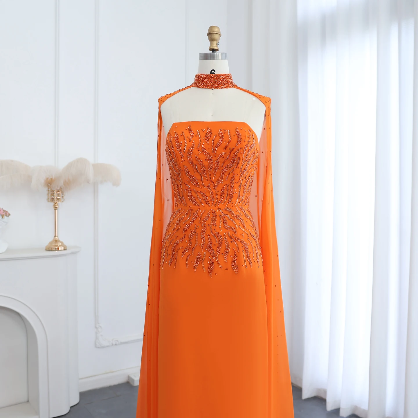 Sharon กล่าวว่า Elegant สีส้มชีฟองชุดราตรี Cape แขนผู้หญิงสําหรับงานแต่งงานดูไบพรรคอย่างเป็นทางการชุด SS299 ที่กําหนดเอง