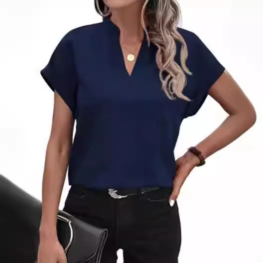 Elegant Short Sleeve Loose Pink Tops Women 2024 Fashion V Neck Casual Loose Solid Blouses Ladies Summer Shirts Y2k Top Female