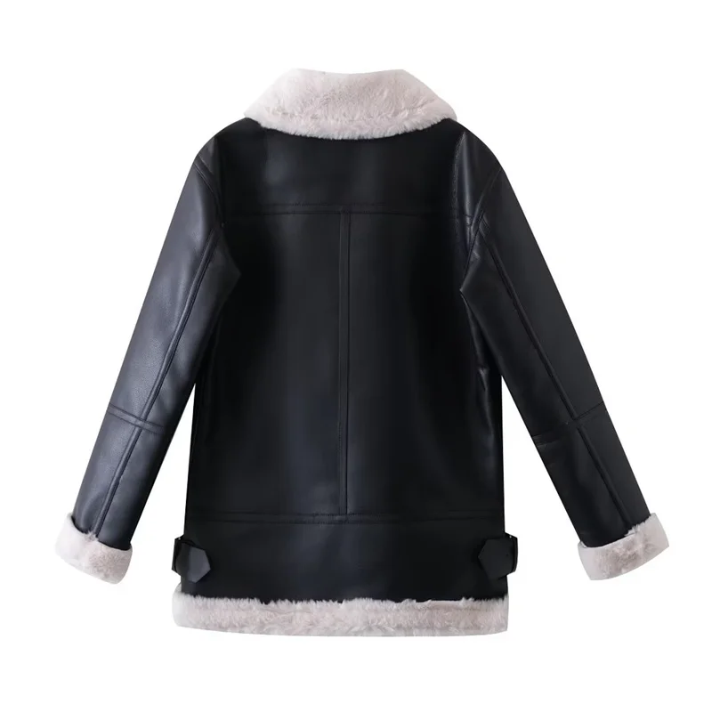 KEYANKETIAN Winter New Women's Leather Jacket Vintage Warm Leather Zip Jacke Black White Color Scheme Straight-Leg PU TOPS