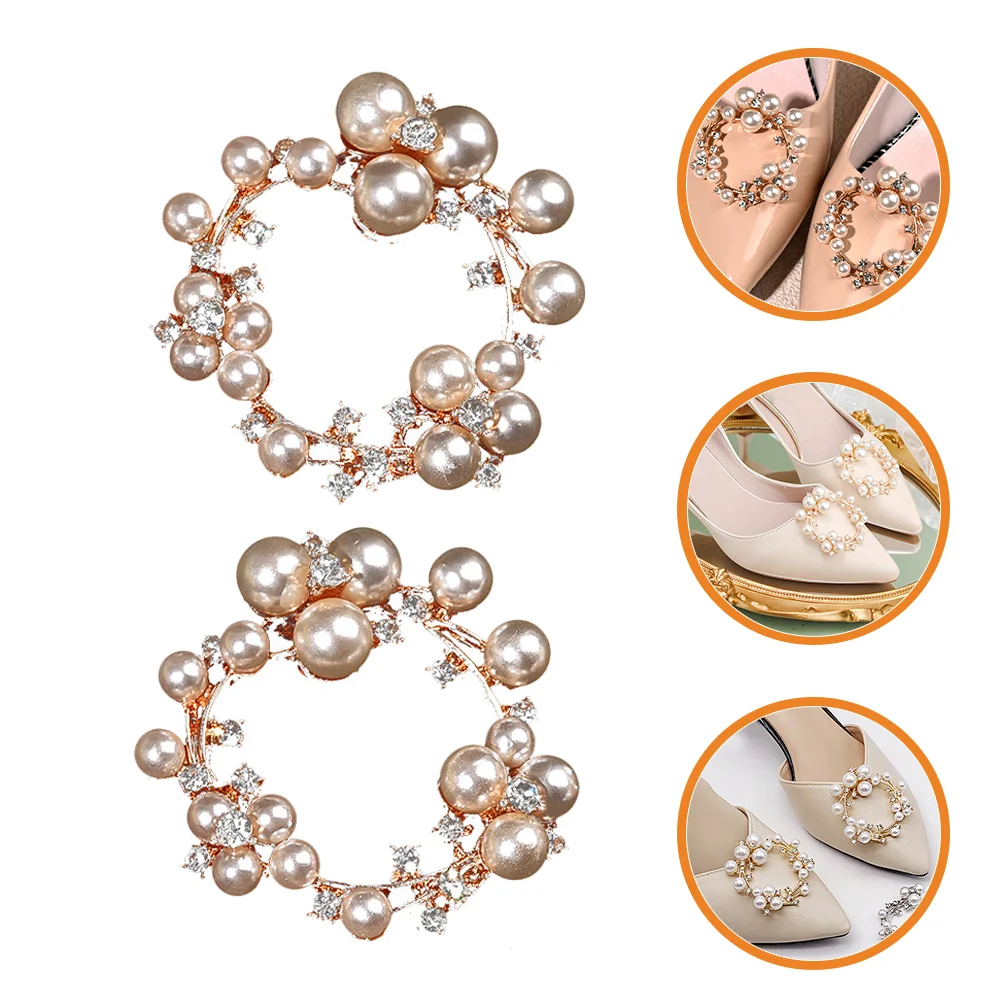 2 Pcs Shoe Buckle Pearl Miss White Sandals Wedding Heels Rhinestones Clip Clips Decor