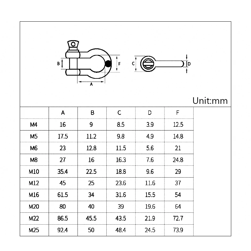 304 Stainless Steel Rigging Hardware Rope Shackles M4 M5 M6 M8 M10 M12 M14 M16 Bow Shape Load Shackle