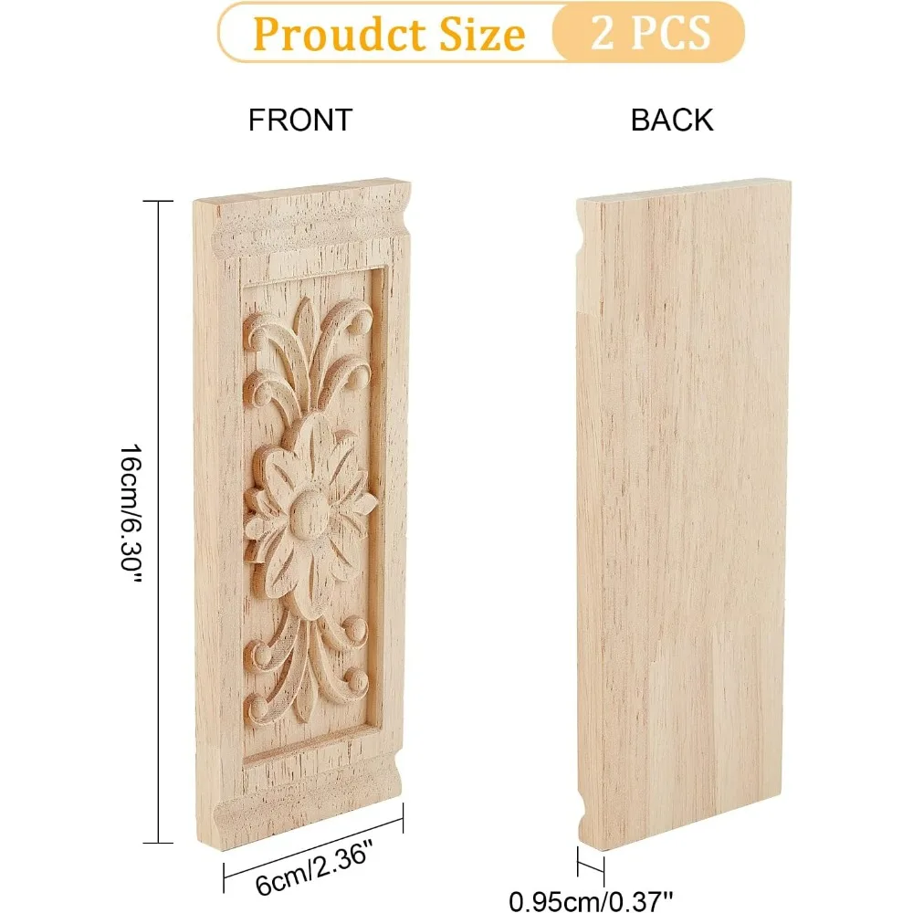 2PCS Rectangle with Flower Wood Carving Decal 6.3x2.4inch Unpainted Home Furniture Applique Decor Natural Solid Wood