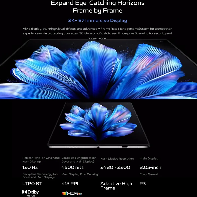 VIVO X Fold 3 Pro 스냅드래곤 8 Gen 3 옥타코어, 8.03 인치 AMOLED 2480 × 2200 120Hz, 50MP * 2 + 64MP, 2850mAh 듀얼 배터리 NFC, 정품 신제품