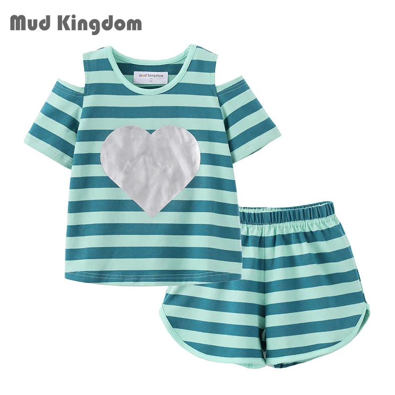 Mudkingdom Girls 2Pcs Set Cold Shoulder Stripe Cute Girl Short Sleeve and Shorts Outfit Star Kids Clothes Suit Summer