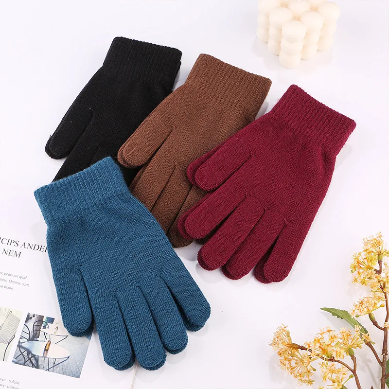 

Wholesale Of Autumn Winter Pure Colored Wool Gloves By Manufacturers Warm Thickened Knitted Adult Men's Women's All Finger Glove