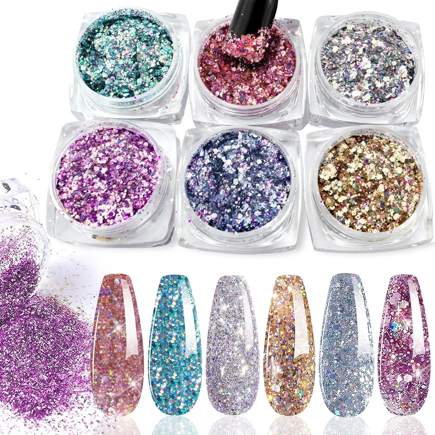Nail Art Glitter Sequins, 6 Boxes 3D Mermaid Flake Nails Glitter, Shining Flakes Acrylic Powder Dust for Nails Decoration