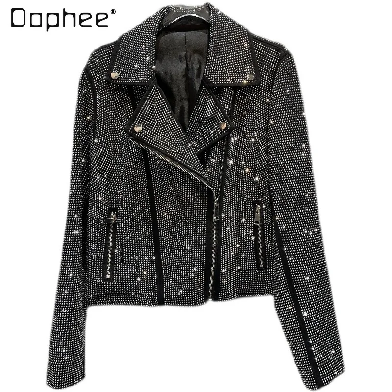 Motorcycle Full Diamonds Short Coat for Women 2023 Autumn New Hot Girls Hot Rhinestone Oblique Zipper Jacket Jaqueta Feminina