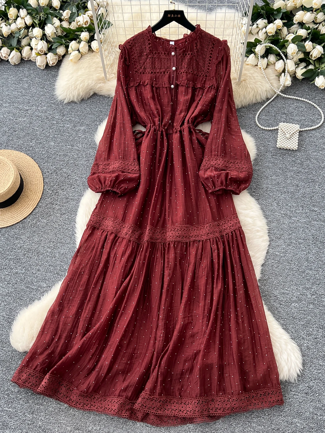 

Retro Palace Style Puff Sleeve Dress for Women Summer Diamond Mesh Hollow Out Design Long Vestidos