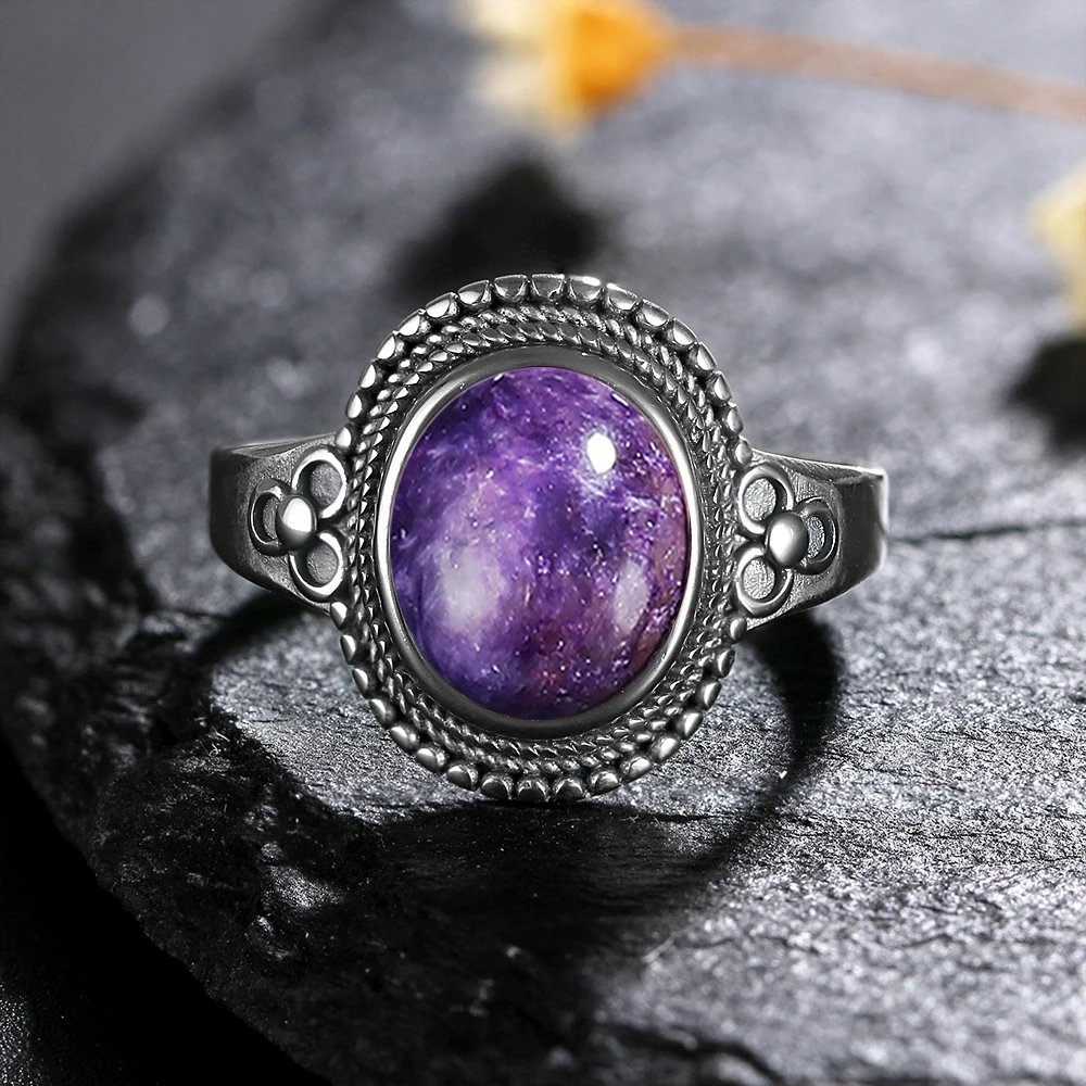 S925 anéis de prata esterlina natural charoite grânulo anéis de pedra preciosa para mulheres alianças de casamento presente de aniversário jóias finas