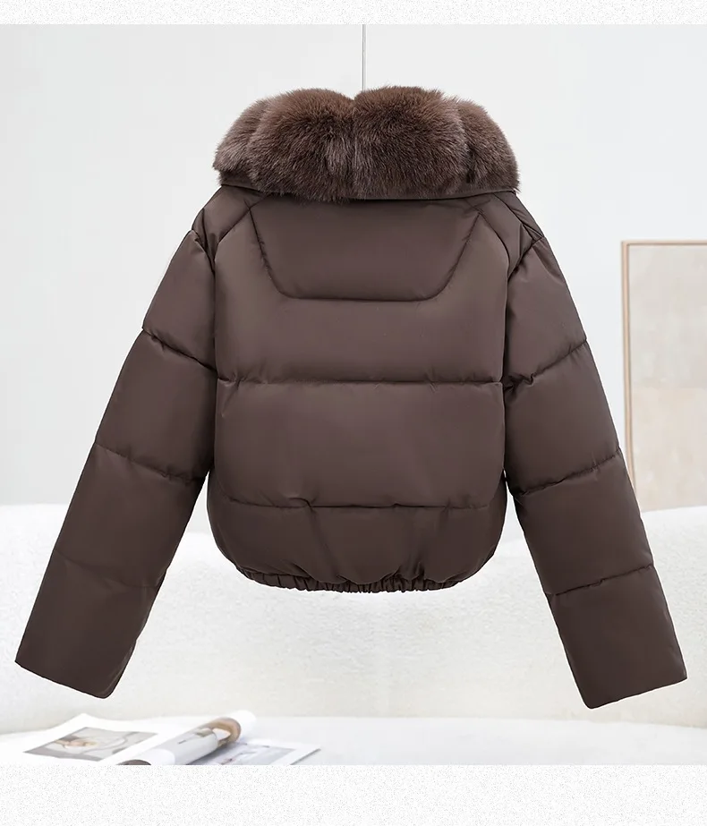 Korean Trend 2026 Winter New Women's Solid Color Short Down Cotton Jacket Simple V-neck Fashion Loose Fur Collar Jacket
