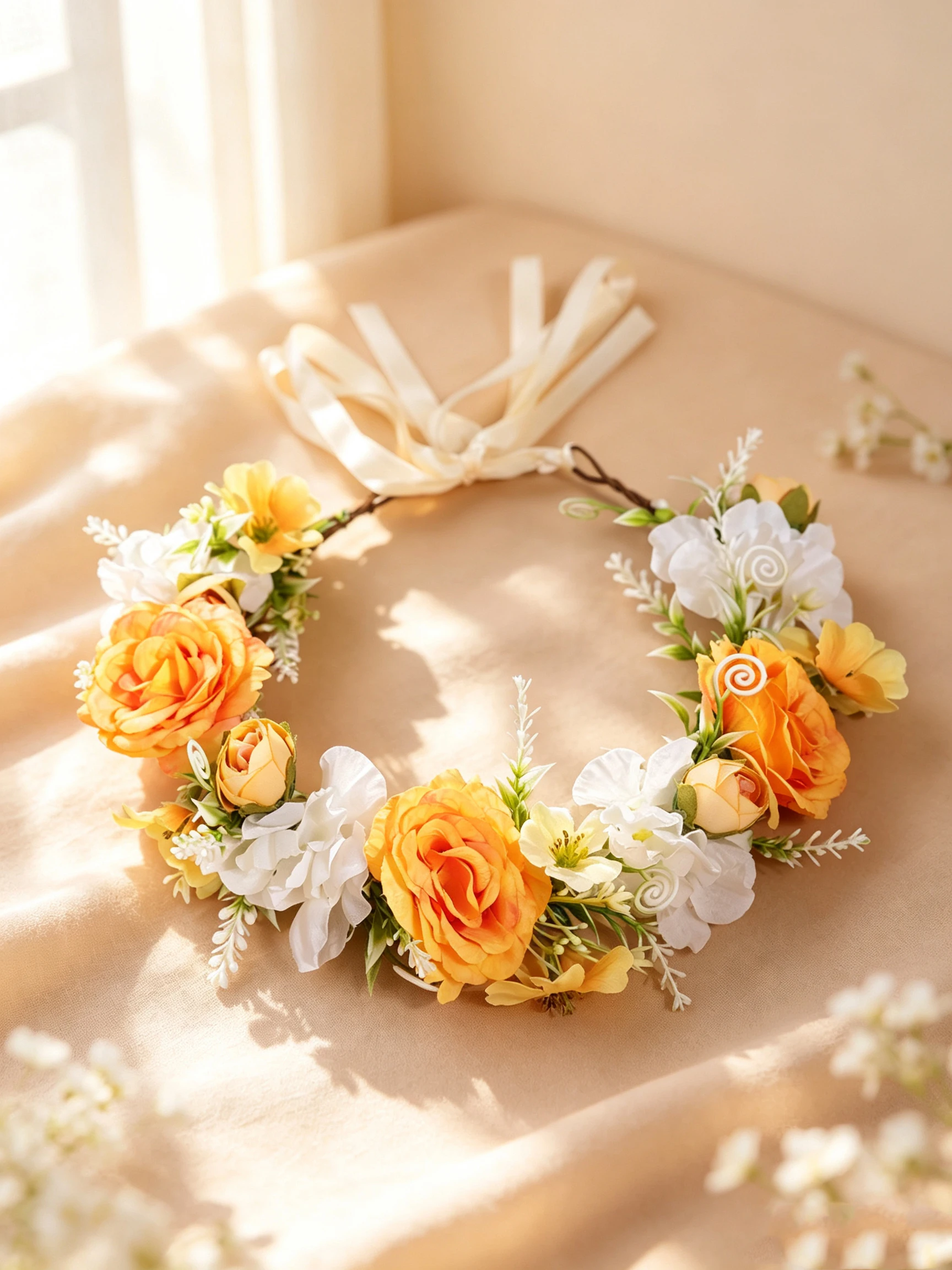 Orange Roses, White Flowers, Green Leaves, Wreath, Bride's Wedding Dress, Headpiece, Travel Photography, Children's Picnic, Holiday Flower Headband view 6