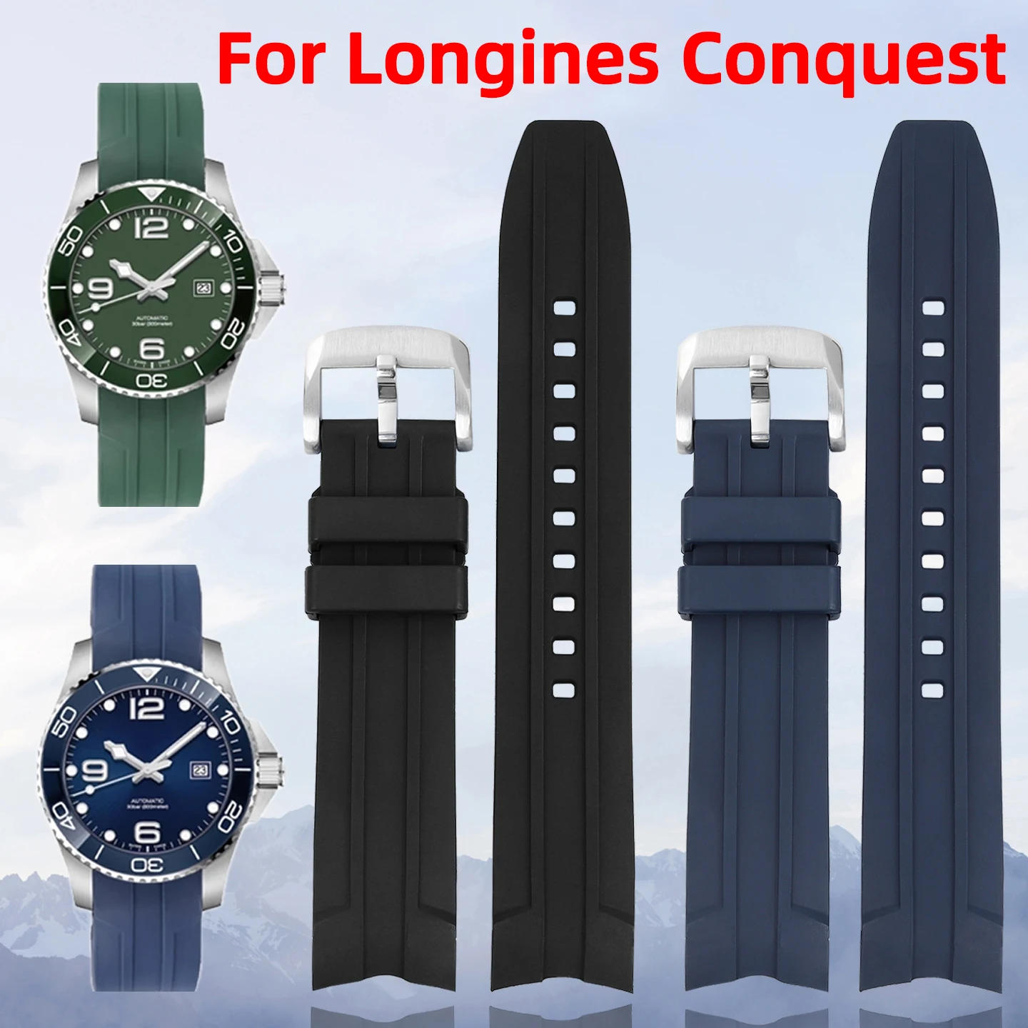 21mm FKM watch strap For Longines Conquest Hydroconquest L3.781/L3.782/742 men Sports Diving Fluorine rubber watch band Bracelet