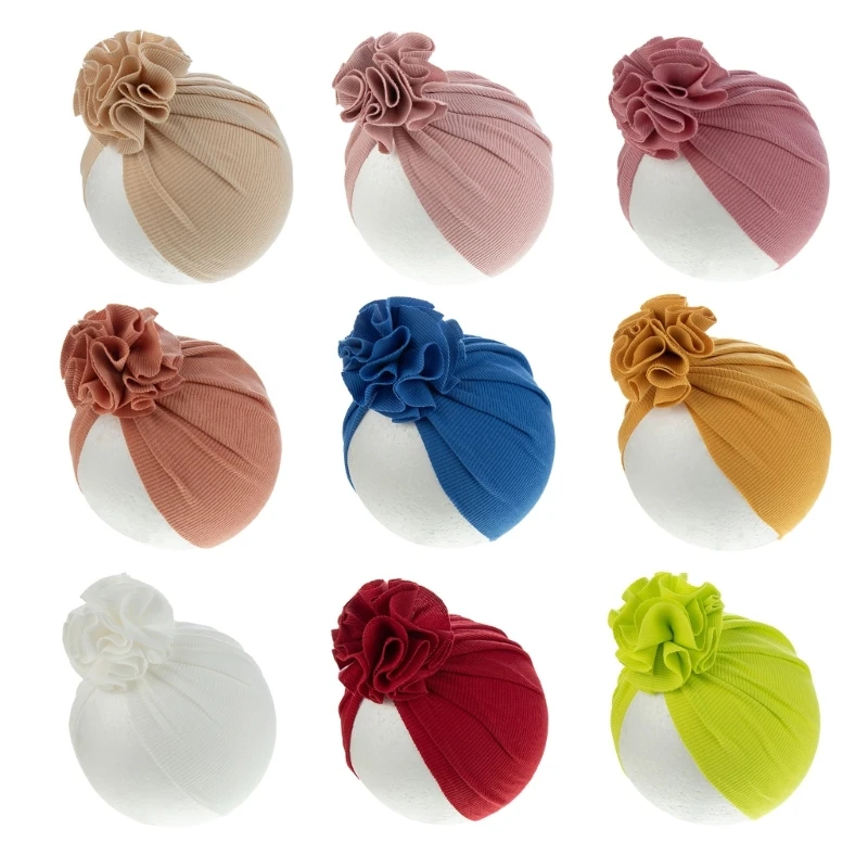 RIRI Fashionable Baby Turban Hat Solid Color Headwear Lovely Infant Fetal Caps with Lovely Flower Detail,  Trendy Headwrap