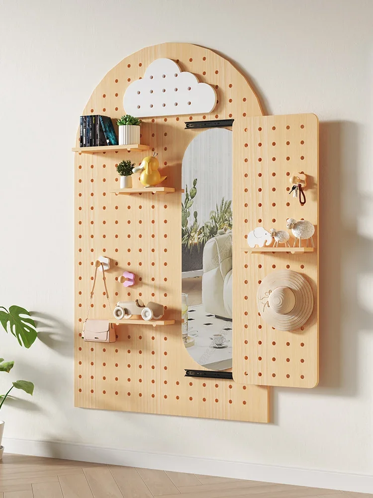 Entrance entrance Solid wood hole board rack with hidden mirror can be closed Hanging clothes storage rack Wall decoration