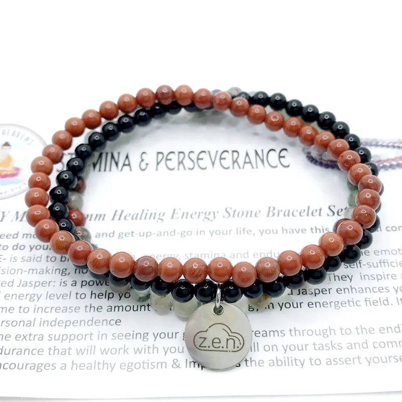 3pcs/set 4mm Healing Energy Stone Women Pendant Bracelets Sets Natute Onyx Red Gamestone Boold Jaspers  Bead Bracelets