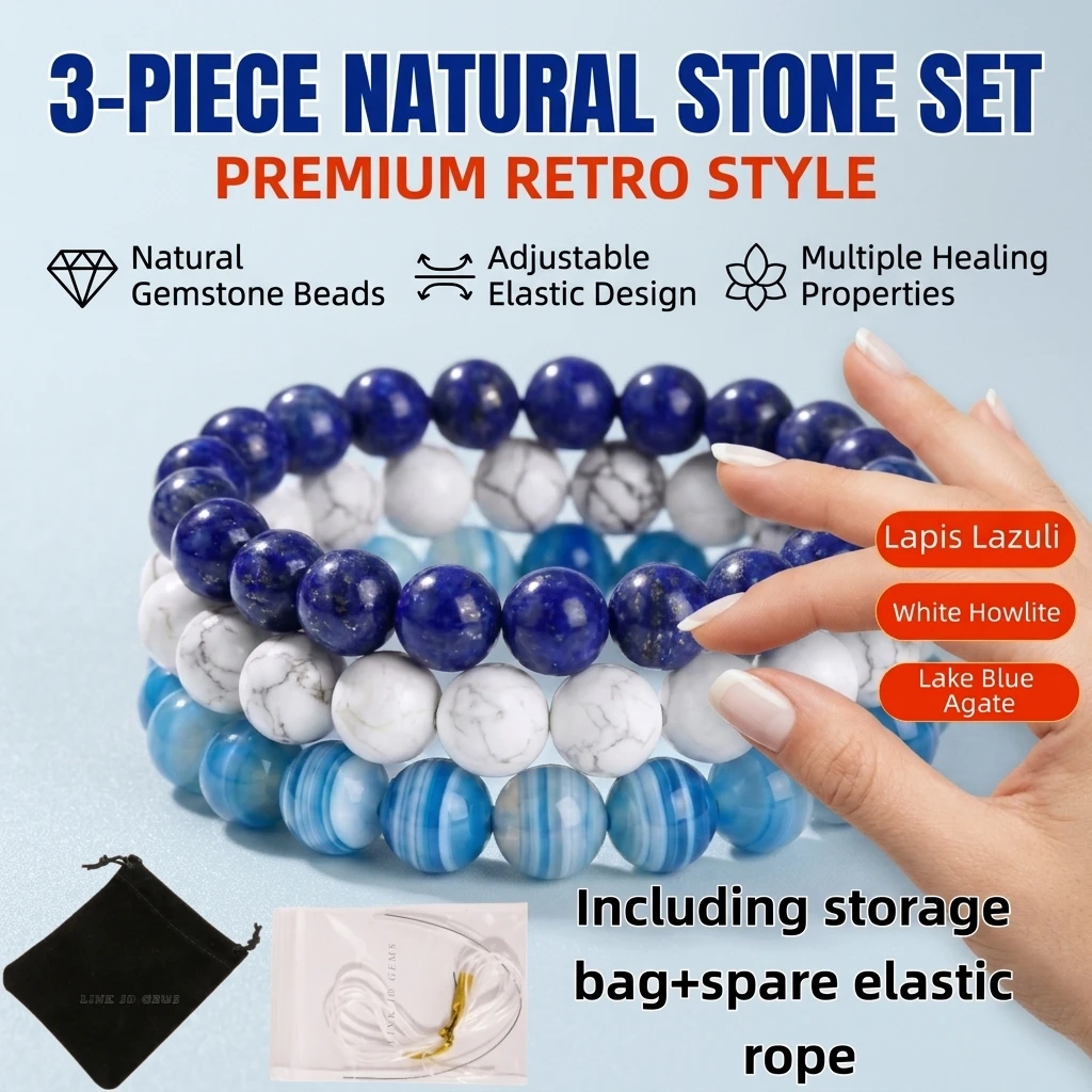 3Pcs Natural Stones Lapis Beads Bracelets Set Adult Women Men Stacking Stretch Strand Bracelet Handcrafted Gemstone Jewelry Gift