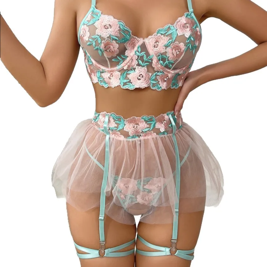 Pink Green Floral Lace Embroidery Garter Lingerie Set Sheer Mesh Skirt Straps Vintage Soft Sleepwear For Ladies Charming K2J0