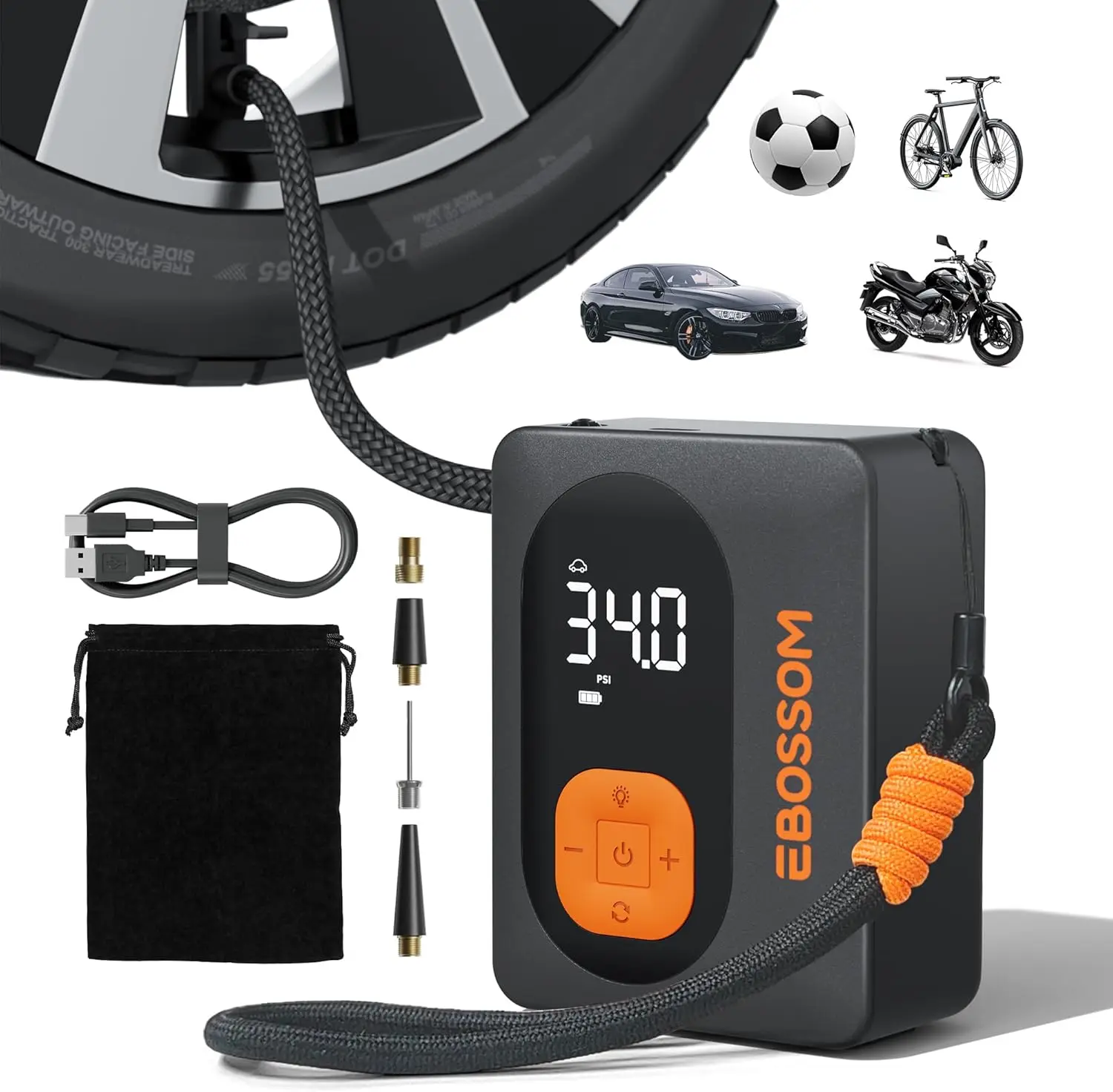 

Portable Tire Inflator with Digital Display, 130 PSI Cordless Air Pump for Bikes, Cars, Motorcycles, Balls – LED Light & 15cm Ho