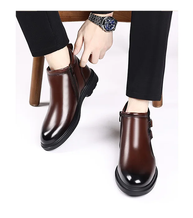 Winter Genuine Leather Wool Men\'s Ankle Boots Fashion Platform Non-slip Men Cotton Shoes buckle Designer Male Chelsea Boots male