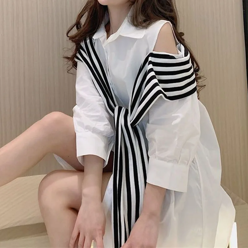 Korean Stylish Female Off Shoulder Spliced Solid Color Shirt Summer Striped Fake Two Pieces Casual Loose Blouse Women\'s Clothing