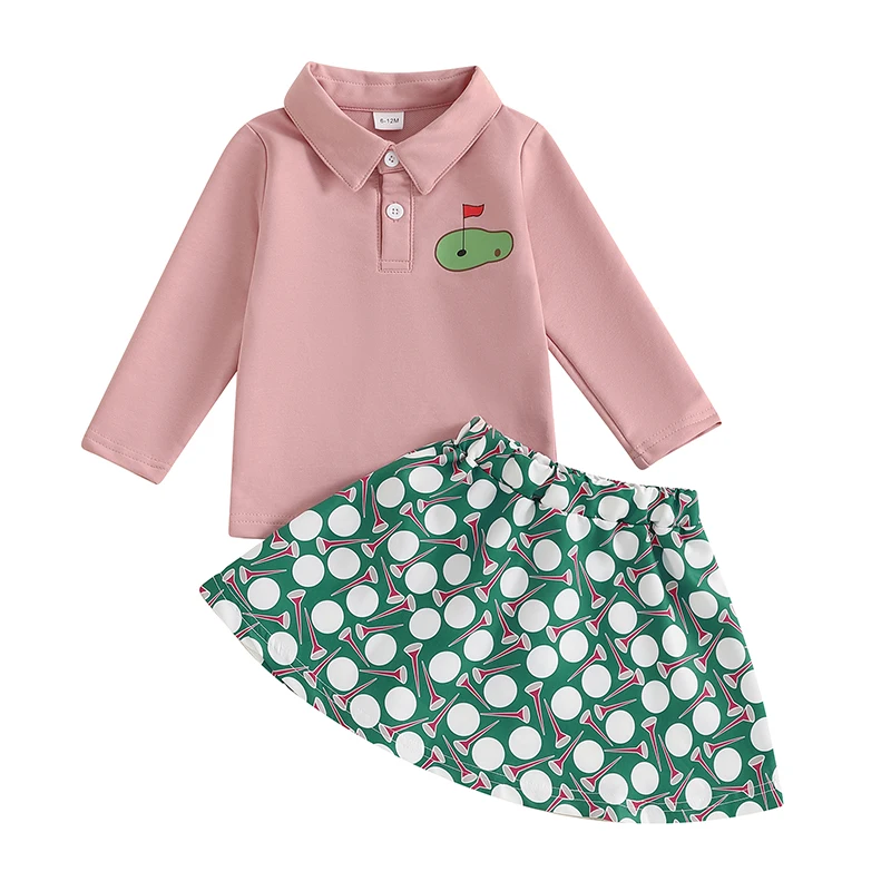 Toddler Girls 2Pcs Golf Outfits Long Sleeve Lapel Collar Tops Skirt Set Baby Clothes